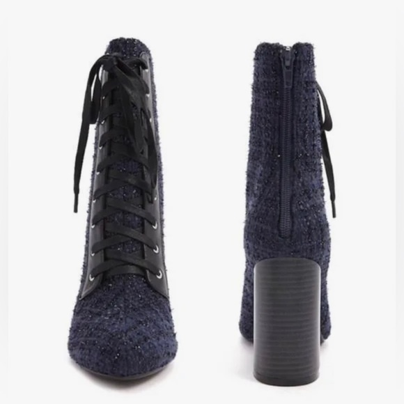 FOREVER 21 Navy Blue Tweed Lace-Up Chunky Heel Booties - Picture 3 of 9